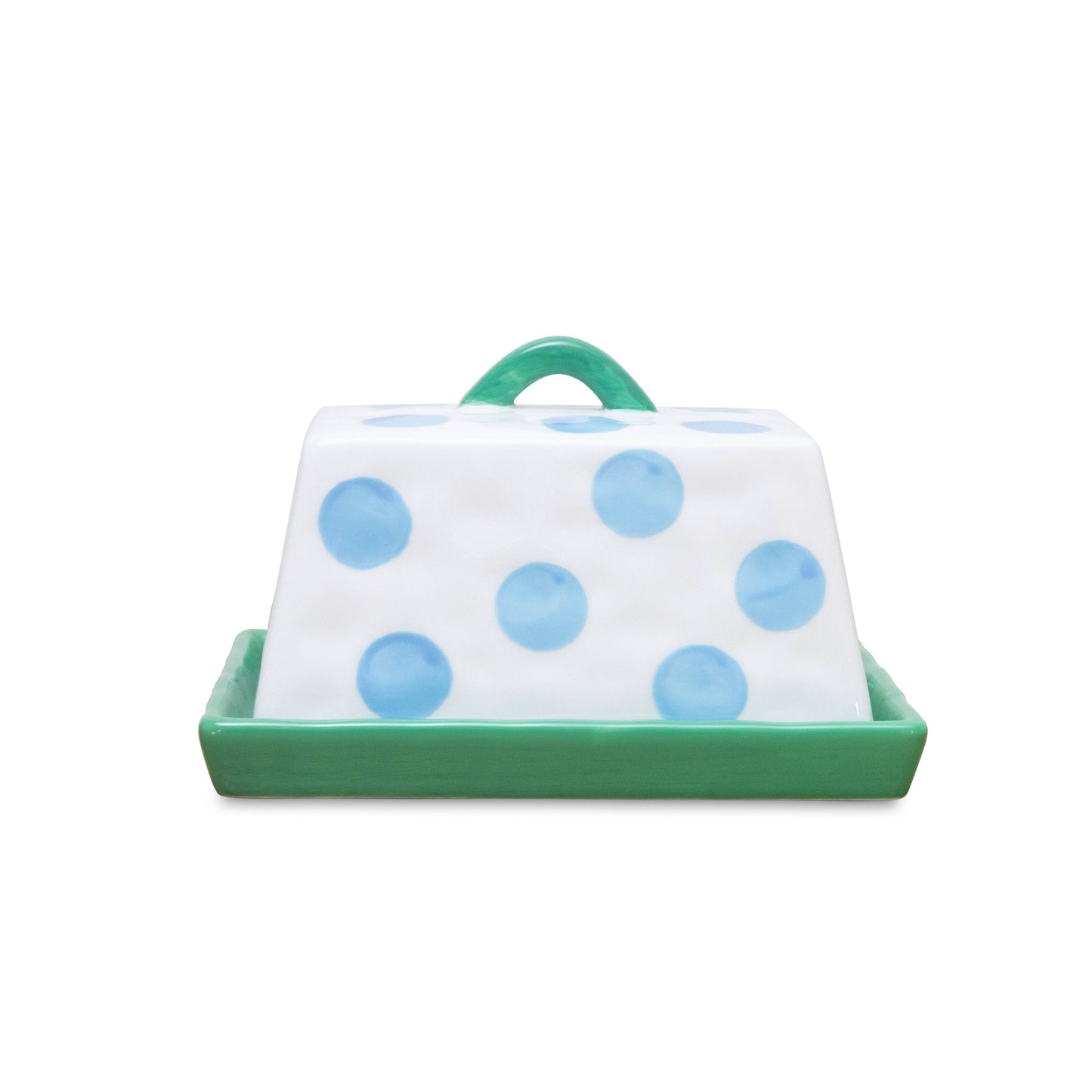 Large Ceramic Butter Dish | Blue Dots with Green Handle & Tray