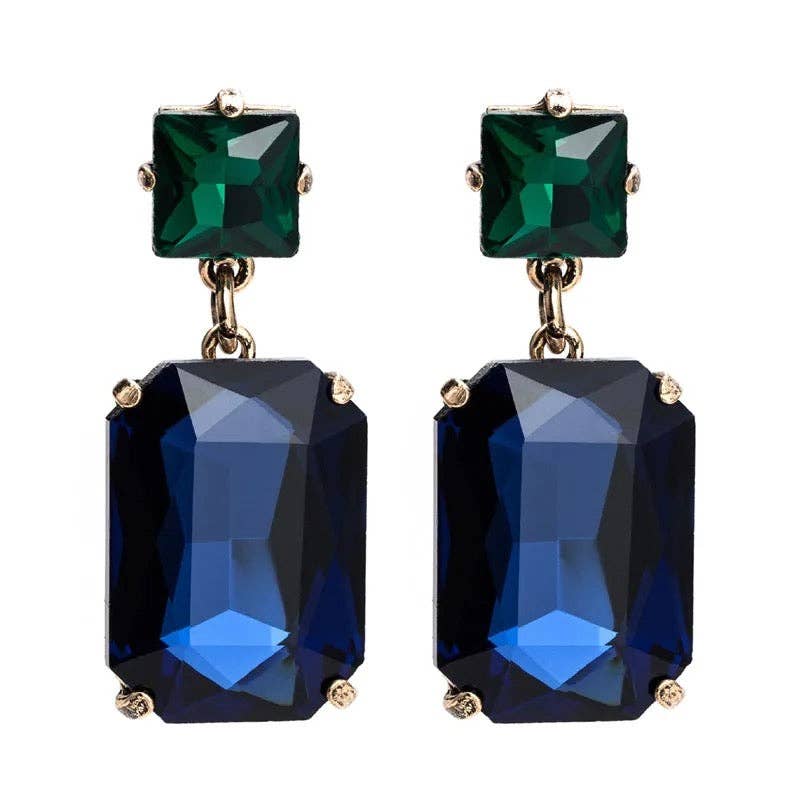 Pippa Emerald and Navy Rectangle Crystal Statement Dangle Earrings
