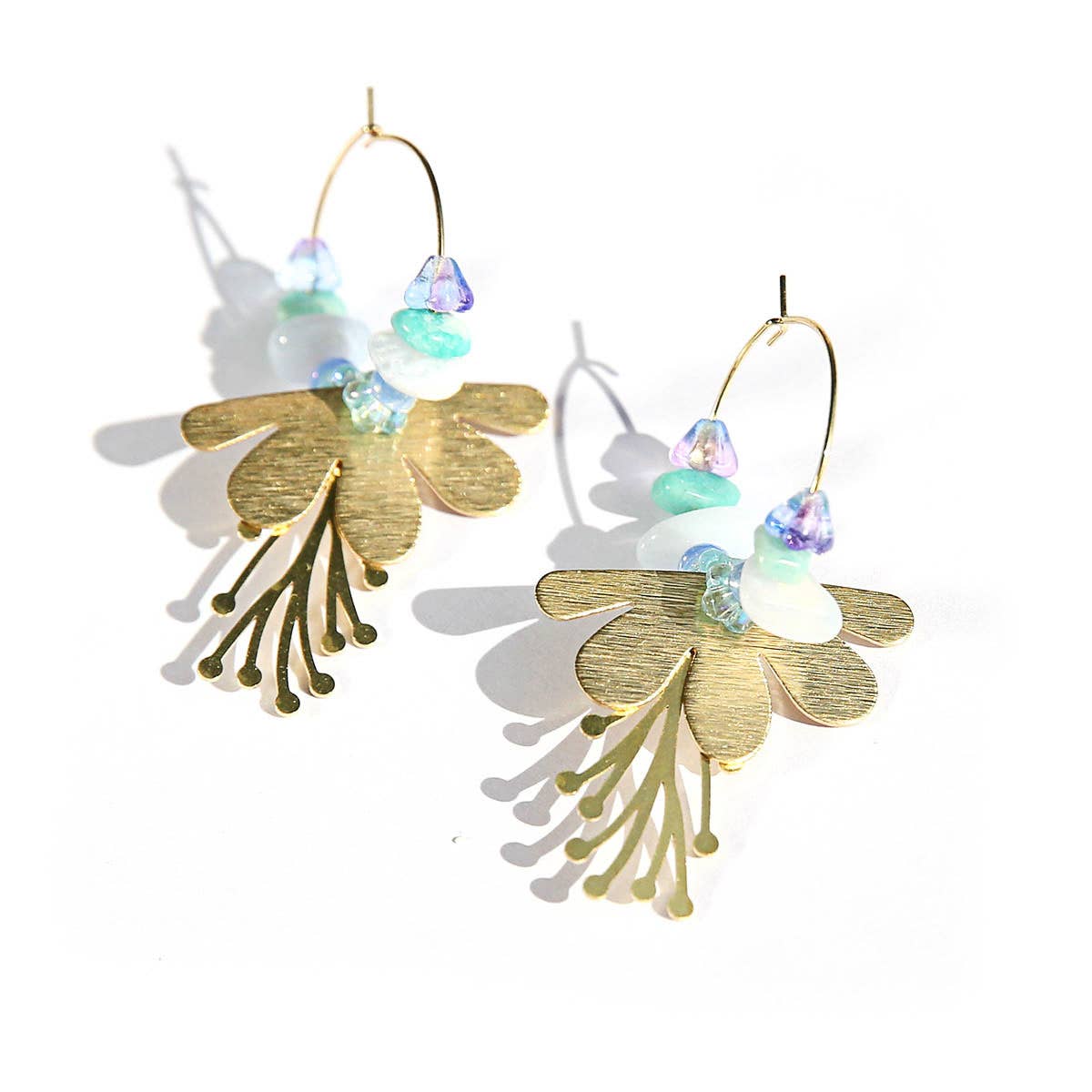 Blue Flower Brass Hoops
