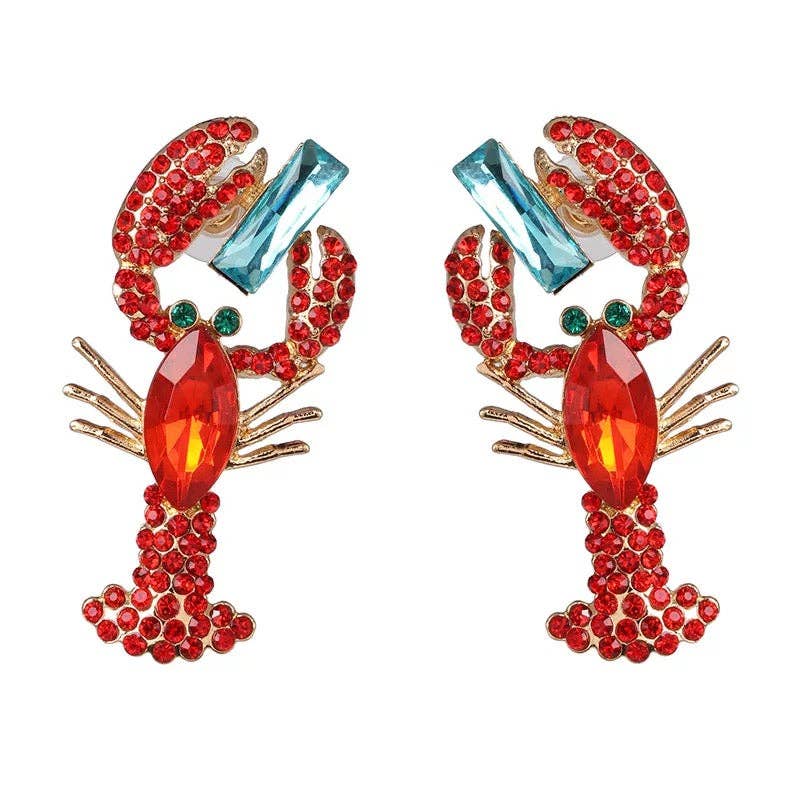 Lobster Bright Red & Teal Crystal Lobster Shaped Earrings