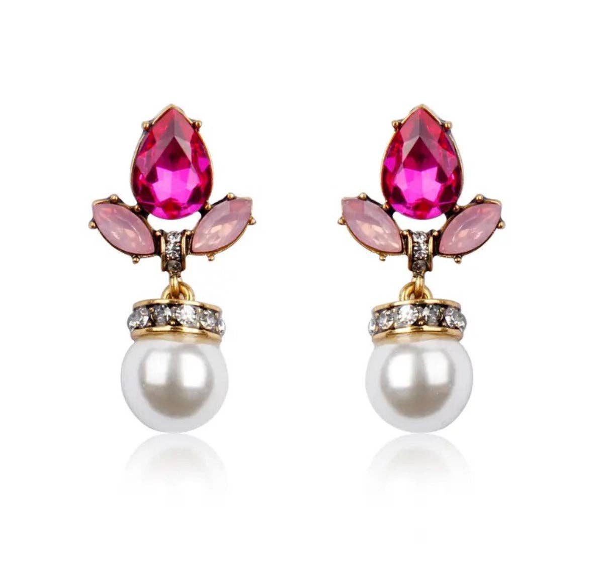 Rosie Pink Crystal Dangle Earrings with Faux Pearl Dangle set in Gold
