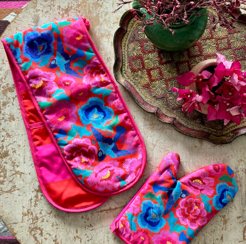 Canvas Double Oven Mitt Birds and Roses