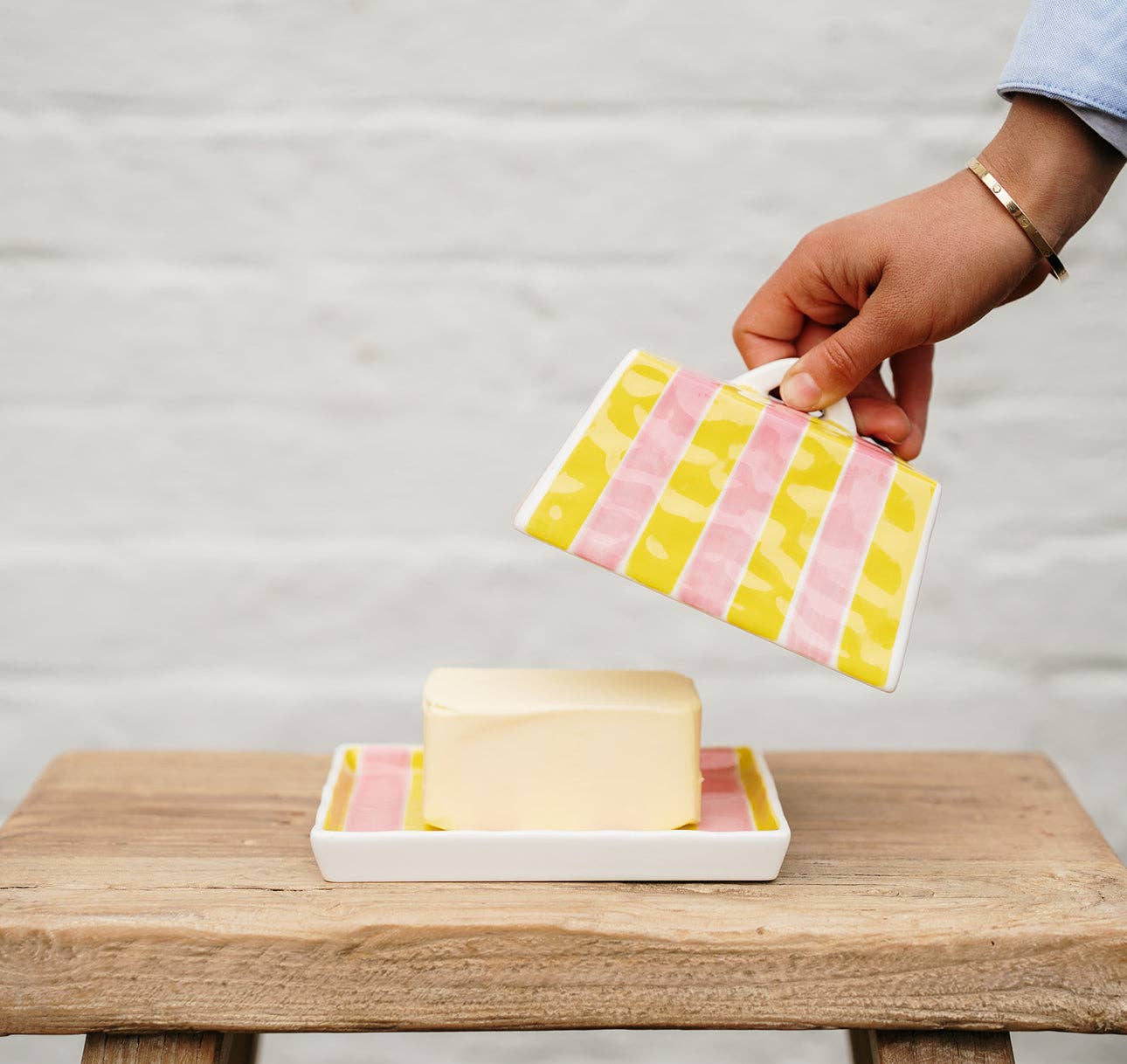 Large Ceramic Butter Dish | Pink & Yellow Stripe