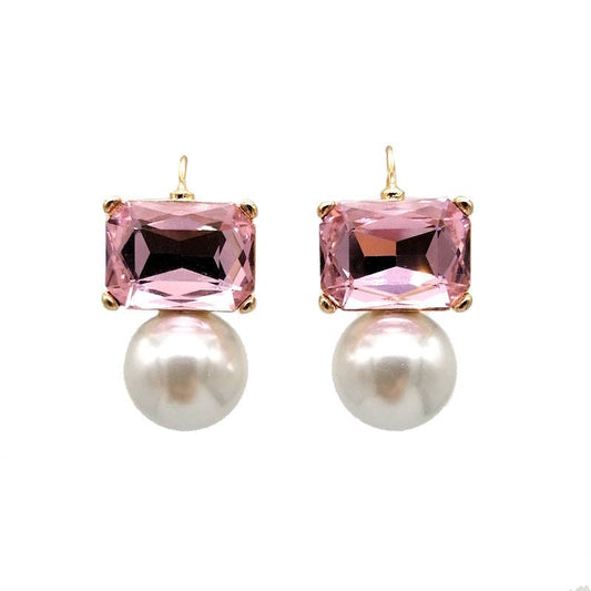 Maggie Light Pink Rectangular Crystal with Faux Pearl Earrings