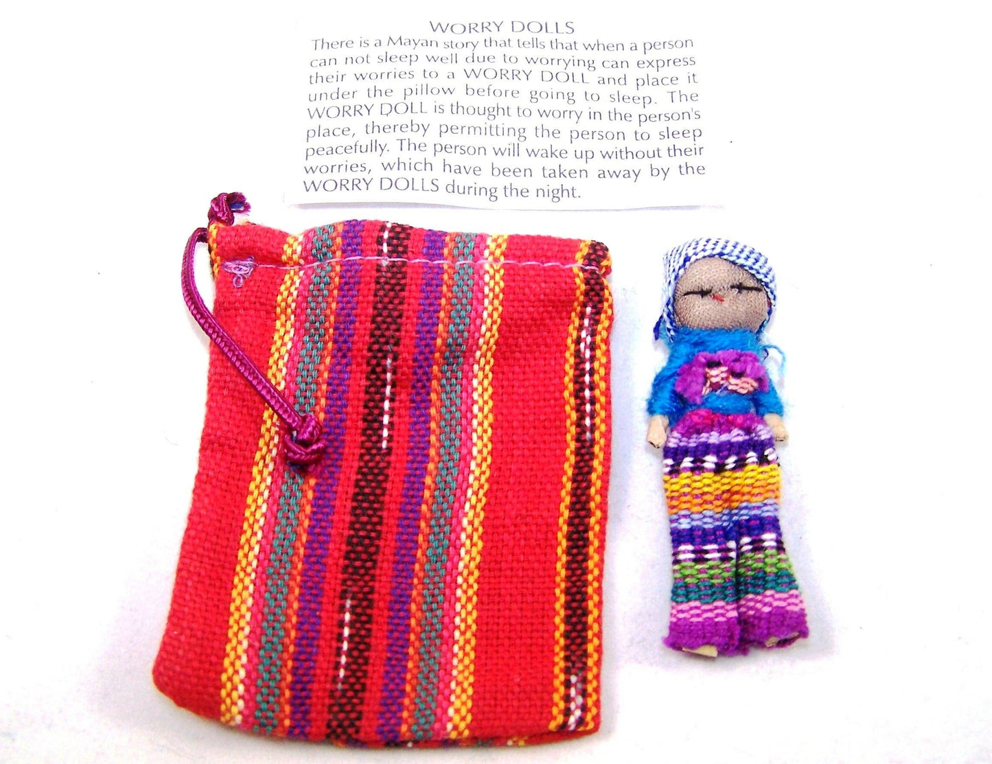 Single Worry Doll in a Textile Pouch Handmade - Assorted
