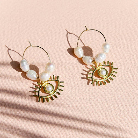 Gold Eye Pearl Hoops