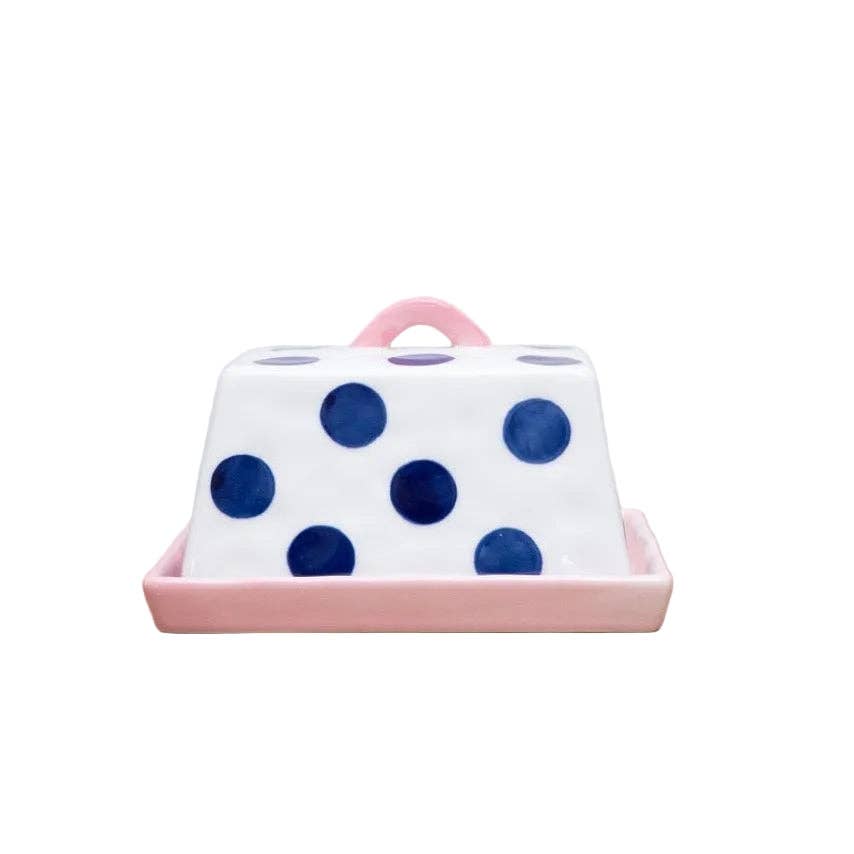 Large Ceramic Butter Dish | Navy Dots with Pink Handle & Tray