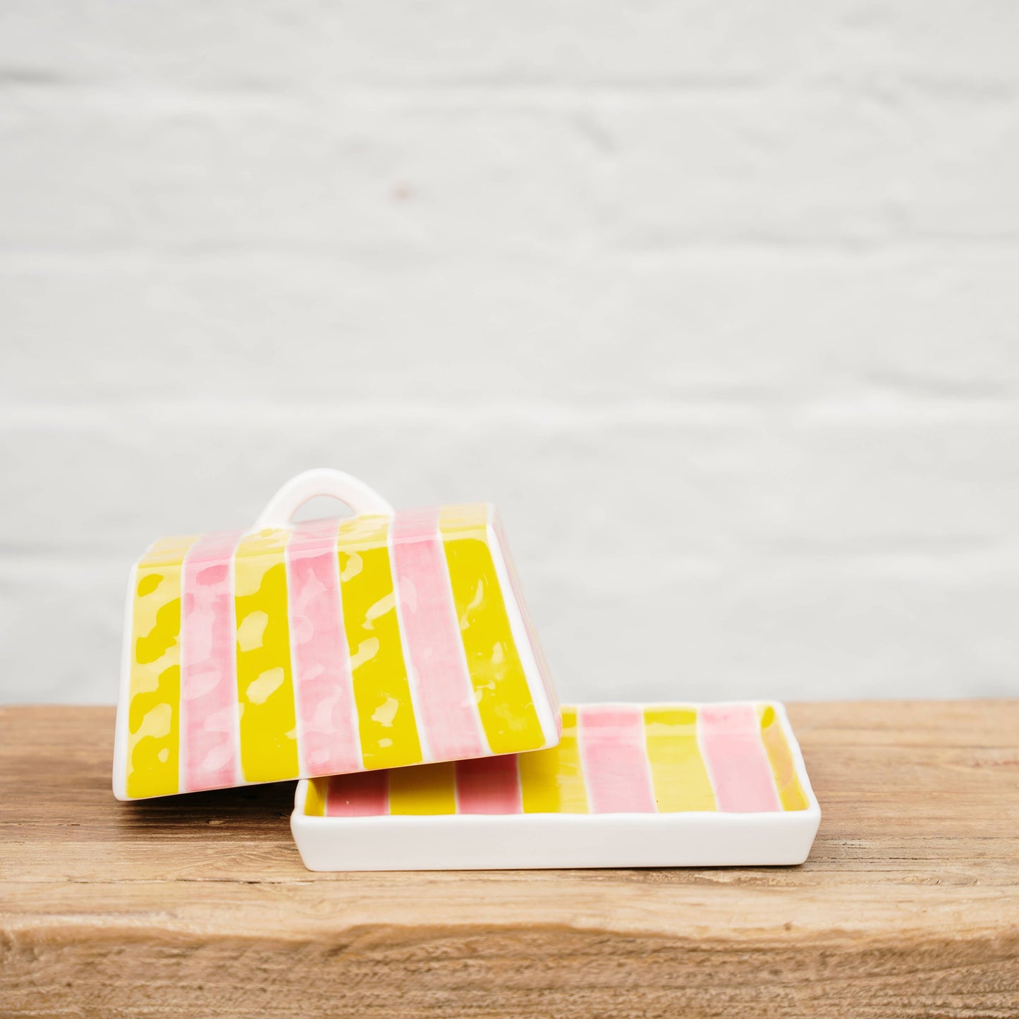 Large Ceramic Butter Dish | Pink & Yellow Stripe