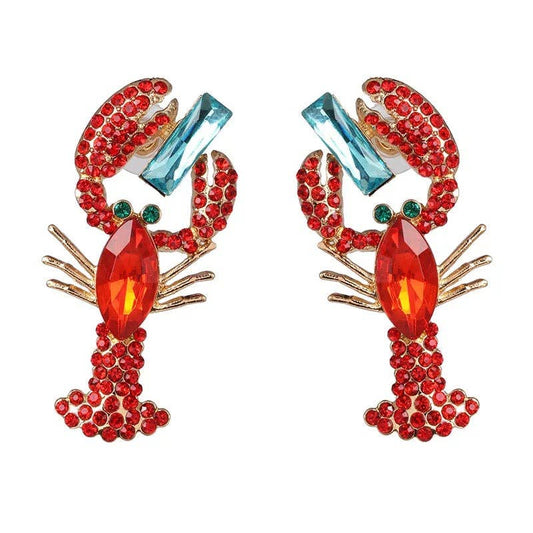 Lobster Bright Red & Teal Crystal Lobster Shaped Earrings