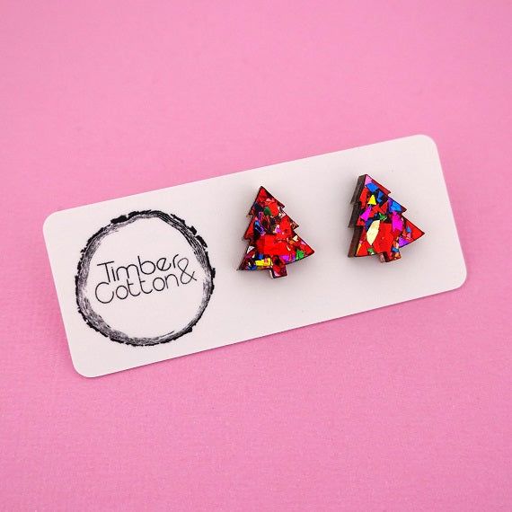 Christmas Tree Acrylic Stud Earrings - red rainbow flake