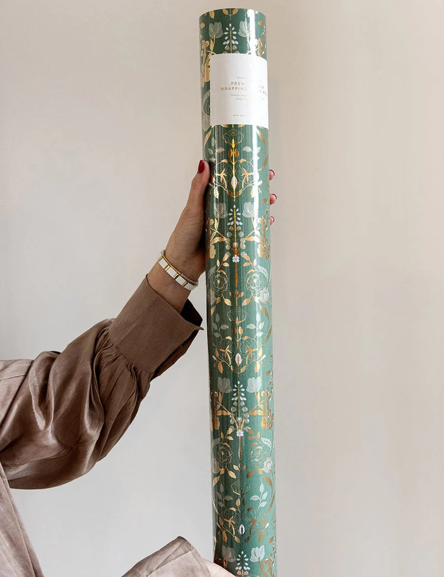 Gift Wrap Roll - Gilded Blooms  (Green with Gold Foil) 3m