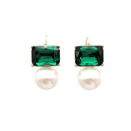 Maggie Green Rectangular Crystal with Faux Pearl Earrings