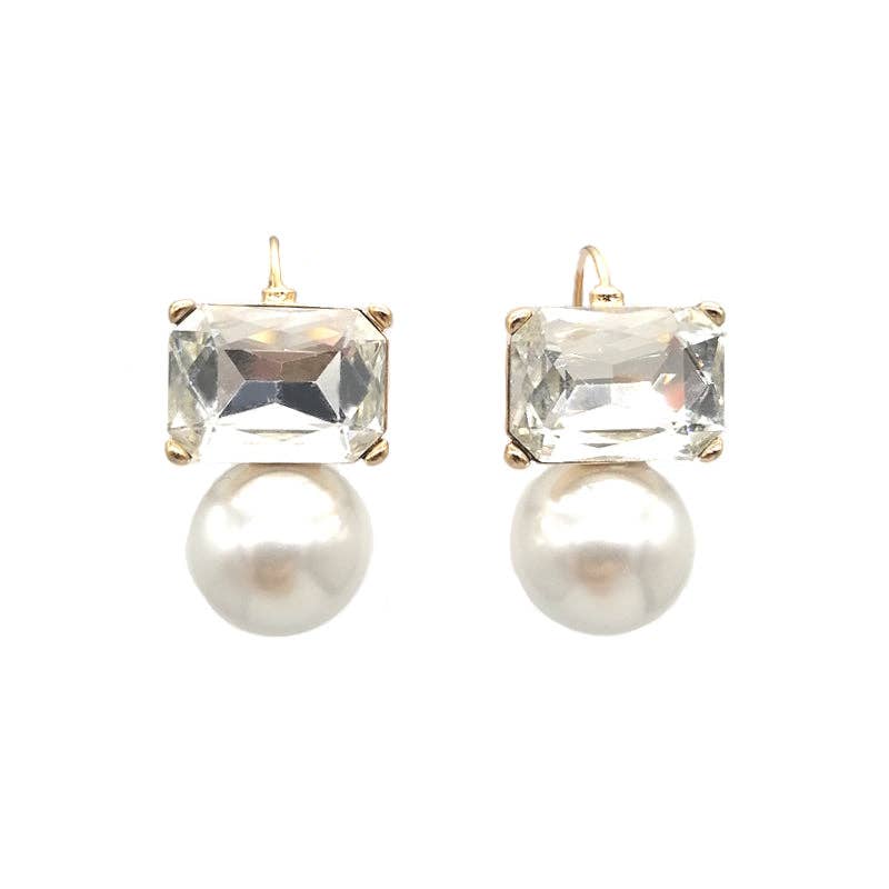 Maggie Clear Rectangular Crystal with Faux Pearl Earrings