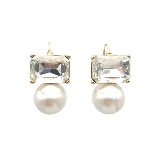 Maggie Clear Rectangular Crystal with Faux Pearl Earrings