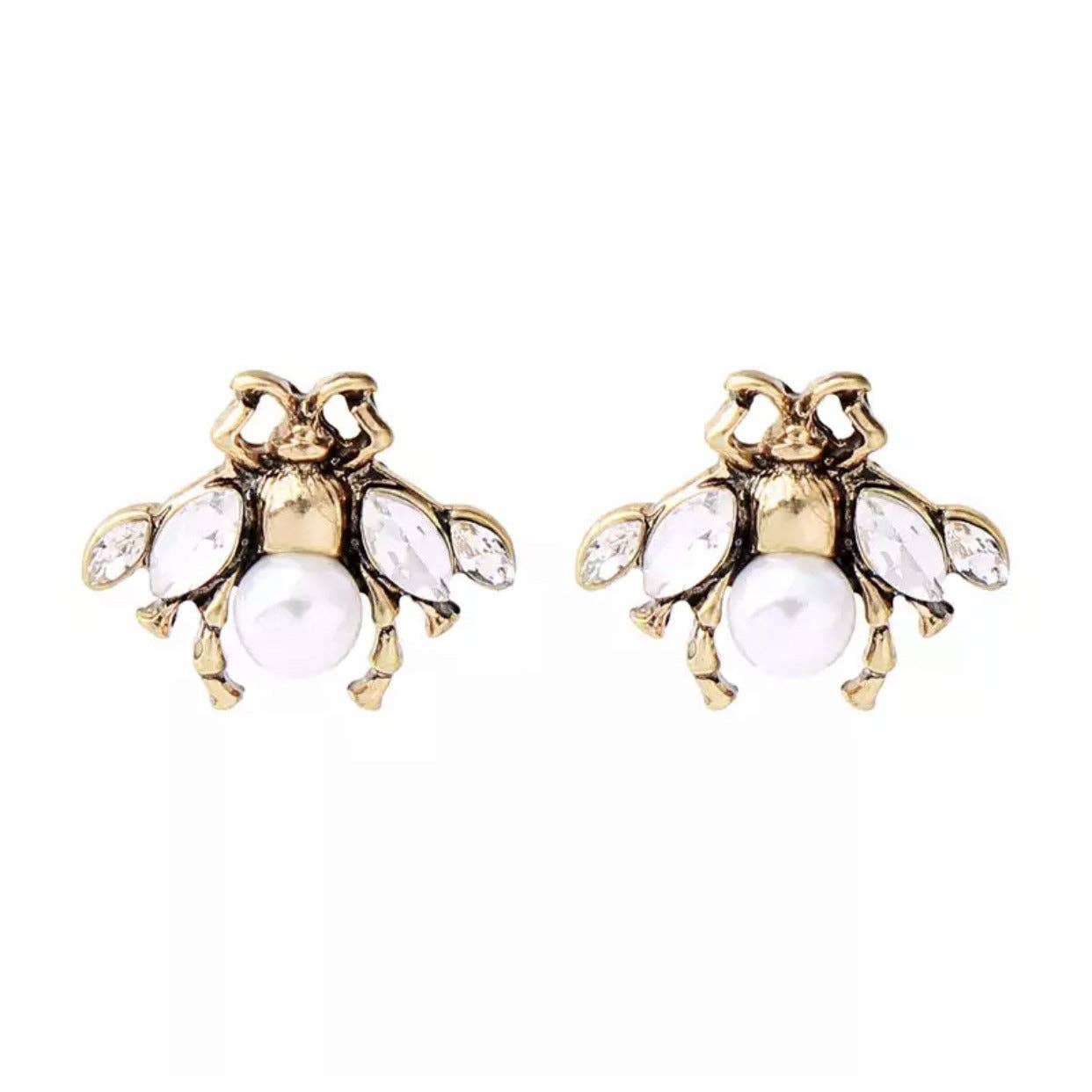 Bea Bee Shaped Stud Earring in Gold with Faux Pearls and Crystals