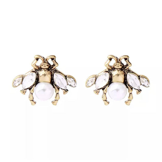 Bea Bee Shaped Stud Earring in Gold with Faux Pearls and Crystals