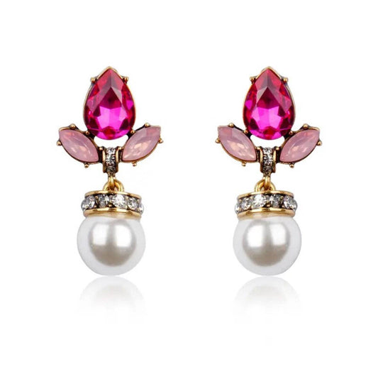 Rosie Pink Crystal Dangle Earrings with Faux Pearl Dangle set in Gold