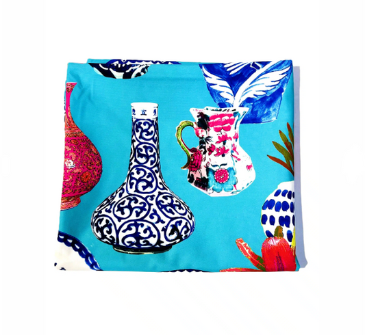 Canvas Tablecloth Vases On Turquoise